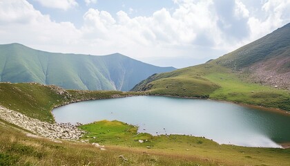 A small lake high in the mountains surrounded by green meadows. Natural background. Illustration for cover, card, postcard, interior design, banner, poster, brochure or presentation