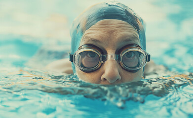 Naklejka premium Senior's Swim. Older woman wearing goggles swimming in a pool.
