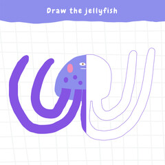 Learn ocean life game for kids. Cute hand drawn doodle funny underwater, sea puzzle with jellyfish. Educational worksheet, mind task, riddle, strategy quiz, mental teaser, challenge