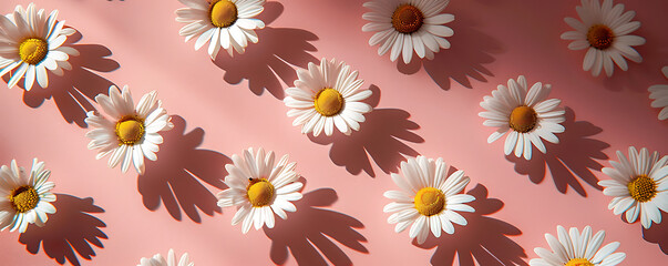 Chamomile daisy flowers with sunlight shadows on neutral blue background with copy space