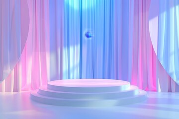 A colorful curtain surrounds a stage with a colorful pedestal in the center