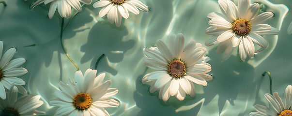 Chamomile daisy flowers with sunlight shadows on neutral green background with copy space