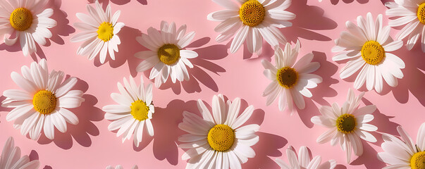 Chamomile daisy flowers with sunlight shadows on neutral pink background with copy space