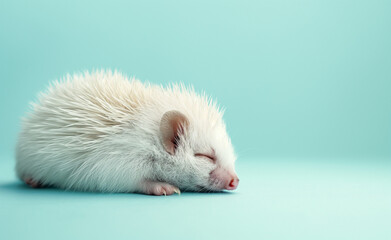 Sleeping Cute Hedgehog. Young Animal Resting on Blue Background.