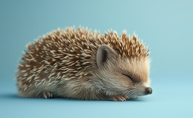 Sleeping Cute Hedgehog. Young Animal Resting on Blue Background.




