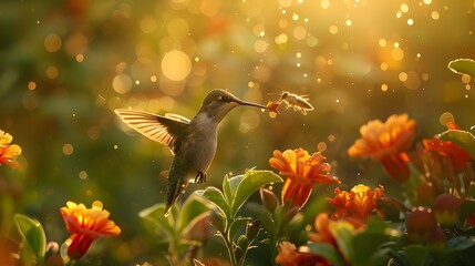 Fototapeta premium Gold hummingbird flying with glowing wings at Sunset. Abstract fantasy landscape of bird in nature, breathtaking image of pollination with cute bee, picturesque garden with colorful vibrant flowers.
