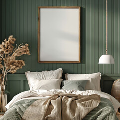 Frame mockup in cozy green bedroom interior, 3d render