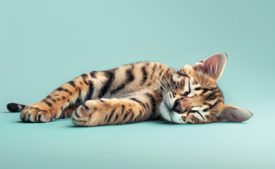 Fototapeta premium Sleeping Cute Wild Cat. Young Animal Resting on Blue Background