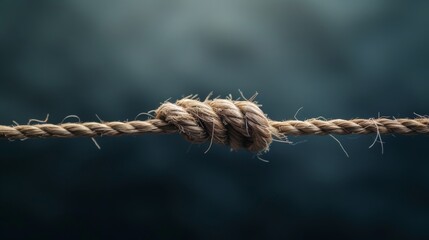 Vivid depiction of a frayed rope stretched to its limit, showcasing the fibers about to snap, against a dim, focused background