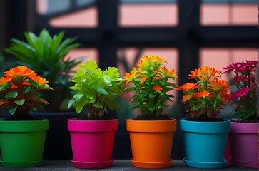 Potted plants colorful flower pots vibrant garden ornaments urban houseplants