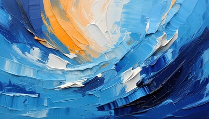 Oil paint texture with rough brush and palette knife strokes. Blue wallpaper. Contemporary art for...
