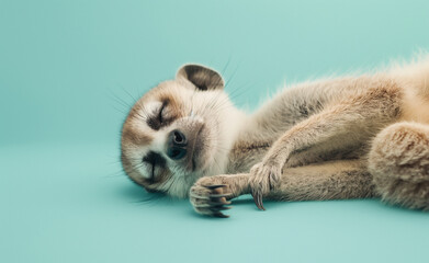 Sleeping Meerkat. A young animal rests on a blue background.