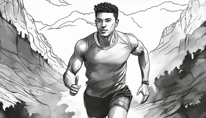 Running athlete. Energetic young athlete or marathon runner. Sport. Imitation sketch print in black and white coloring. Design for cover, card, postcard, print