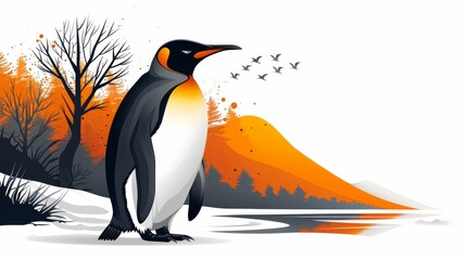 Penguin flat modern illustration. Arctic bird with black back and white belly on white background. Aquatic flightless bird minimalist drawing. King penguin, aptenodytes patagonicus.