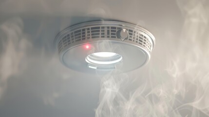 Realistic depiction of a smoke detector in full alert mode with visible smoke, perfect for safety campaigns