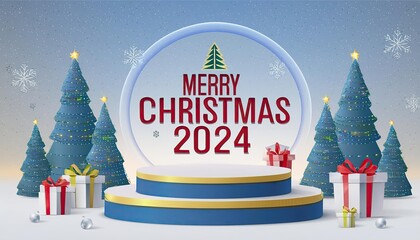 christmas podium with christmas tree and snowflakes