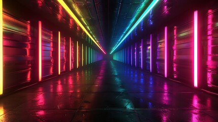 Multicolored neon lamps in a dark tunnel. Reflections on the walls. 3d rendering image. Generative...