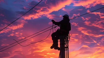 a man working on power lines under an orange sky