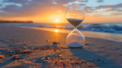 Isolated hourglass on a sandy beach during sunset, studio lighting captures the essence of time slipping away, ideal for conceptual advertising