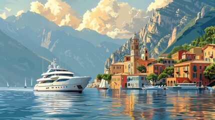 Modern flat illustration of city on mountain with amazing seascape. Ship, yacht or sea vessel at harbor of modern town. Tourism place with cableway on its seaside. Urban landscape with water - obrazy, fototapety, plakaty