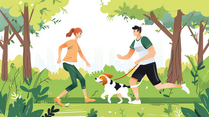 A young couple is running in the park with their dog. The woman is in the lead, followed by the man and the dog. They are all smiling and look happy.