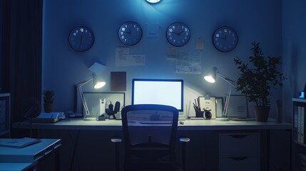 High-stress office environment scene with clocks showing nearly midnight, isolated background, conveying urgency and deadline pressure
