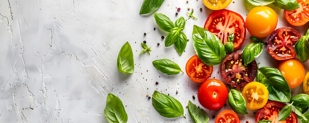 Fresh organic tomatoes and basil herb leaves on a white background with copy space.