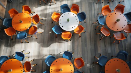 High-angle view of a workshop space where tables and chairs form a gear pattern, symbolizing structured learning and development paths