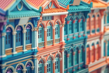 A row of colorful buildings with blue windows