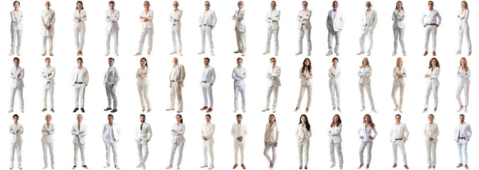 Many business people set isolated background, all white casual attire wear, full body length,...