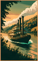Vintage poster of transportation using steam boat - obrazy, fototapety, plakaty