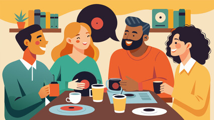 The laughter and chatter of a group of friends gathered around a table covered in coffee mugs and vinyl records reminiscing about the good old days of Vector illustration