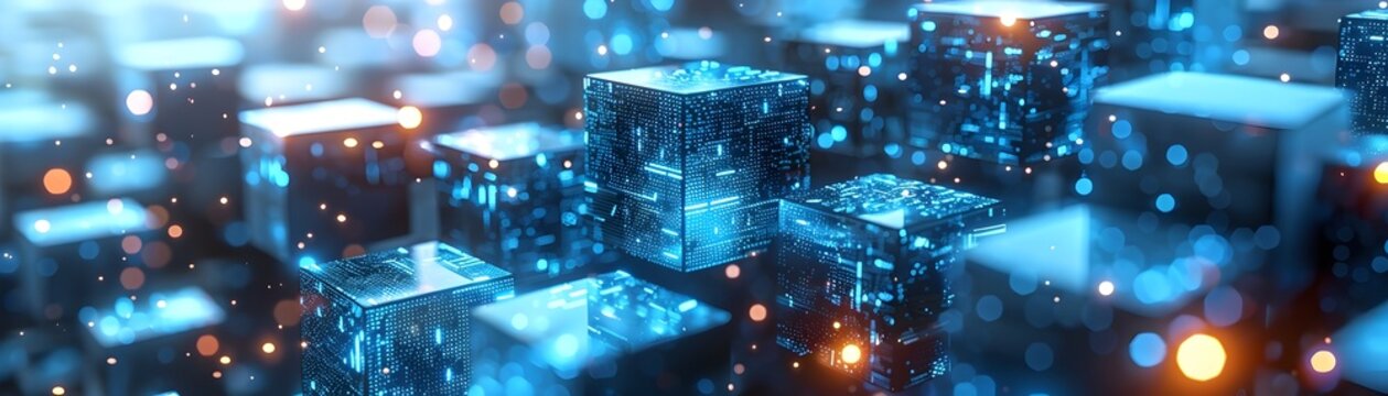 Futuristic Data Degradation:Glowing 3D Cubes in Electric Blue Surreal Digital Landscape