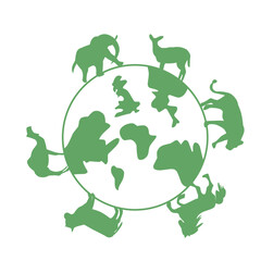 illustration of trees and animals walking around the world