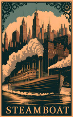 Vintage poster of transportation using steam boat - obrazy, fototapety, plakaty
