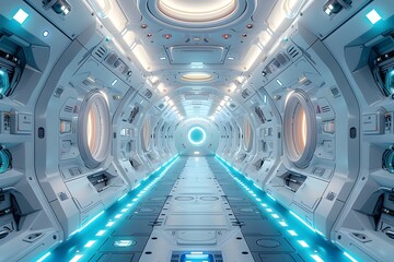 Futuristic Glowing Spacecraft Interior Corridor Bathed in Radiant Blue Illumination