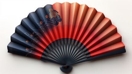 Folded paper hand fan. Asian handheld cooling accessory. Japan traditional accessory with oriental pattern. Colorful flat modern illustration isolated on white.