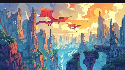 Immerse in a lush, aerial view of a mystical realm where soaring dragons coexist with modern skyscrapers, blending Fantasy Worlds with Financial Trends in an Impressionist painting