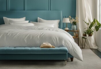 Bedroom blue bed blue bed blue pillows case bedding bed White bed pillows White duvet sofa mock wallFront poster duvet frame White linen duvet
