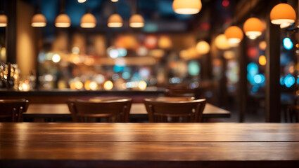 Image of empty wooden table in front of abstract blurred restaurant lights background
