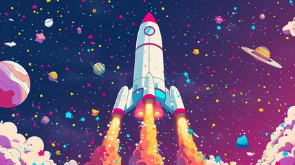 a spaceship-shaped cake floating in a galaxy of colorful sprinkles and edible stars, captured from a dizzying top-down perspective - obrazy, fototapety, plakaty
