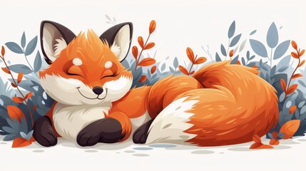 A funny fox lying on his back. A happy wild forest animal relaxing. A cute orange foxy puppy laying on his belly. A flat modern illustration isolated on white.