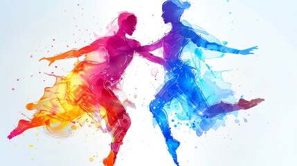 Capture a sleek, side view of dancers intertwining with futuristic technologies, featuring vibrant neon hues against a stark, minimalist backdrop