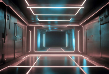 'Dark Synth Glowing Warehouse Laser Sci Background Metallic Purple Reflective Neon Virtual Tunnel...