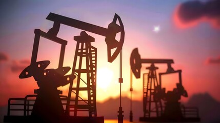Oil and Gas Pumps Silhouetted Against Dramatic Sunset Sky in Industrial Landscape