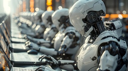 Modern android cyborg working at office, call center, factory. Futuristic digital background, industrial landscape dominated by robotic workers, Cyborg cyberpunk style wallpaper.