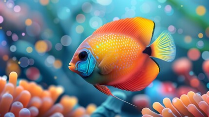 A tropical fish swims in the sea. A marine animal that is a small, ornamental species. A discus and a symphysodon. Modern illustration with white background and colored flat modern illustration.