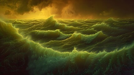 Raging Storm with Powerful Lightning Illuminating Turbulent Green Clouds