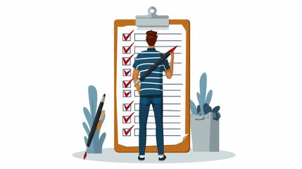 Man ticking off items on checklist on clipboard. Person filling out survey, questionnaire form on paper. Flat modern illustration isolated on white. - obrazy, fototapety, plakaty