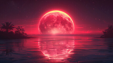 Abstract illustration with the large red moon reflecting in the water of a sea